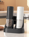 Luxworth electric salt and pepper mill set with sleek black and stainless steel design, featuring adjustable grinding mechanisms.