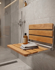 Luxworth oak folding shower seat with wooden finish, compact design, and sturdy metal frame for bathroom safety and convenience.