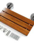 Luxworth teak folding shower seat with sturdy frame and natural wood finish, designed for comfortable bathroom seating.