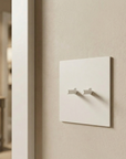 Matte white stainless steel Luxworth easy-toggle indoor light switch mounted on wall.