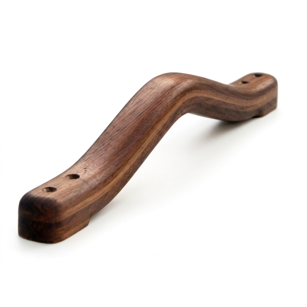 British handmade wooden grab rail by Luxworth, steam-bent oak, ash, and walnut for indoor use, showcasing craftsmanship and natural wood finish.