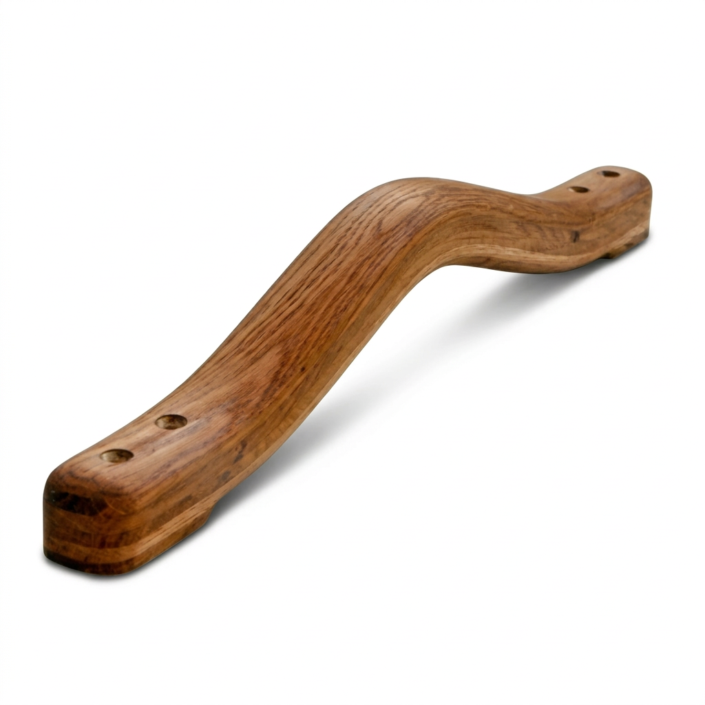 British handmade wooden grab rail by Luxworth, steam-bent oak, ash, and walnut for indoor use, mounted on a wall.