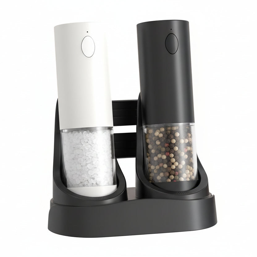 Luxworth electric salt and pepper mill set with sleek black and stainless steel finish on a kitchen countertop.