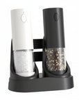 Luxworth electric salt and pepper mill set with sleek black and stainless steel finish on a kitchen countertop.