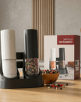Electric Luxworth Easy-Grind salt and pepper mill set with sleek stainless steel design and adjustable grinding mechanisms.