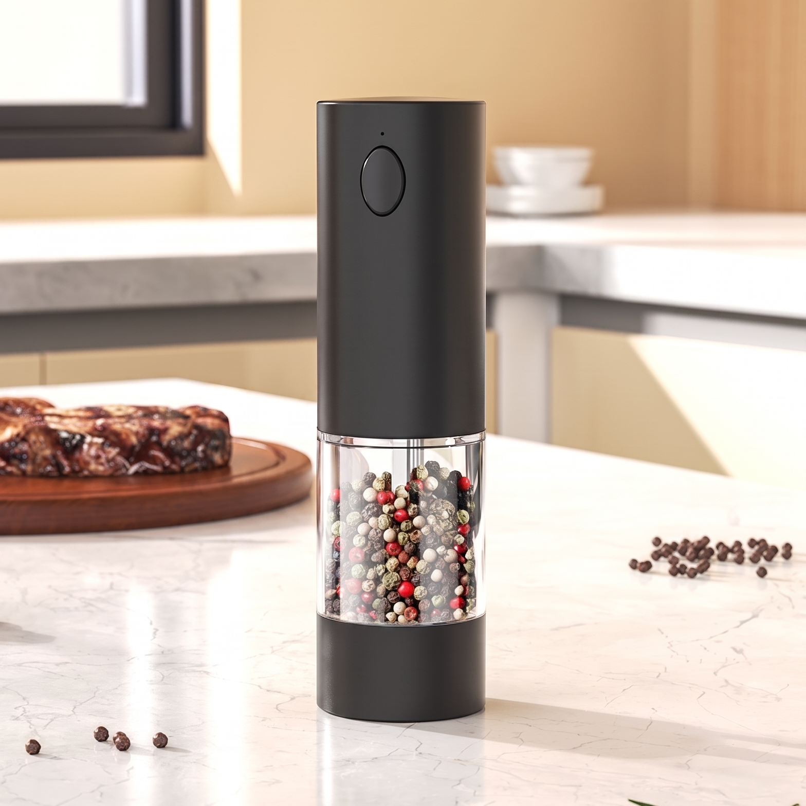 Electric Luxworth Easy-Grind salt and pepper mill set with sleek black and silver design, featuring adjustable grind knobs and clear chambers.