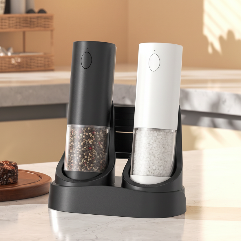 Luxworth electric salt and pepper mill set with sleek black and stainless steel design, featuring adjustable grinding mechanisms.
