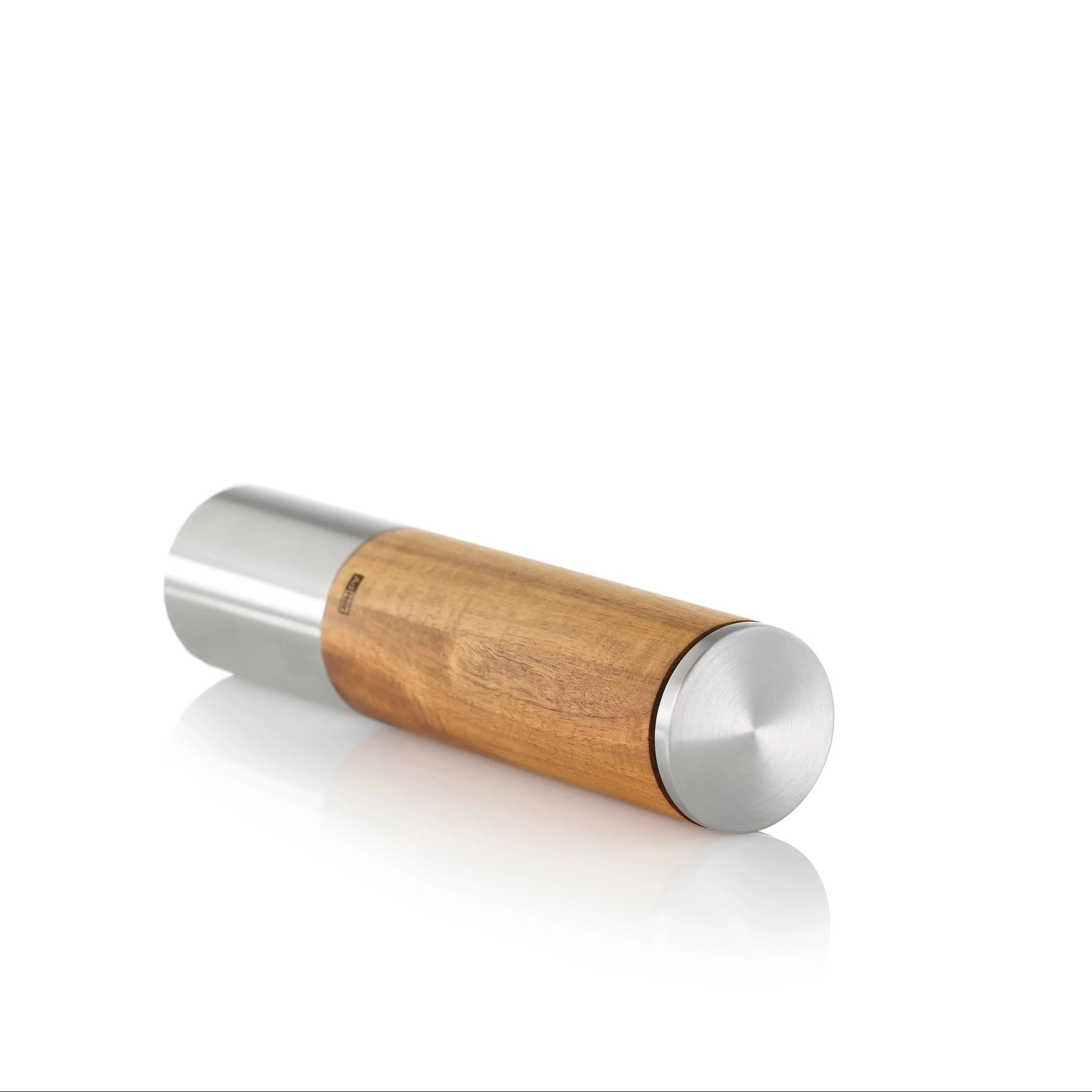 Electric one-handed mill with natural wood and steel, designed for indoor use by DK Household Brands, ideal for fresh ground spices.