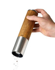 Ergonomic one-handed electric mill with natural wood and steel, ideal for indoor use, from DK Household Brands.