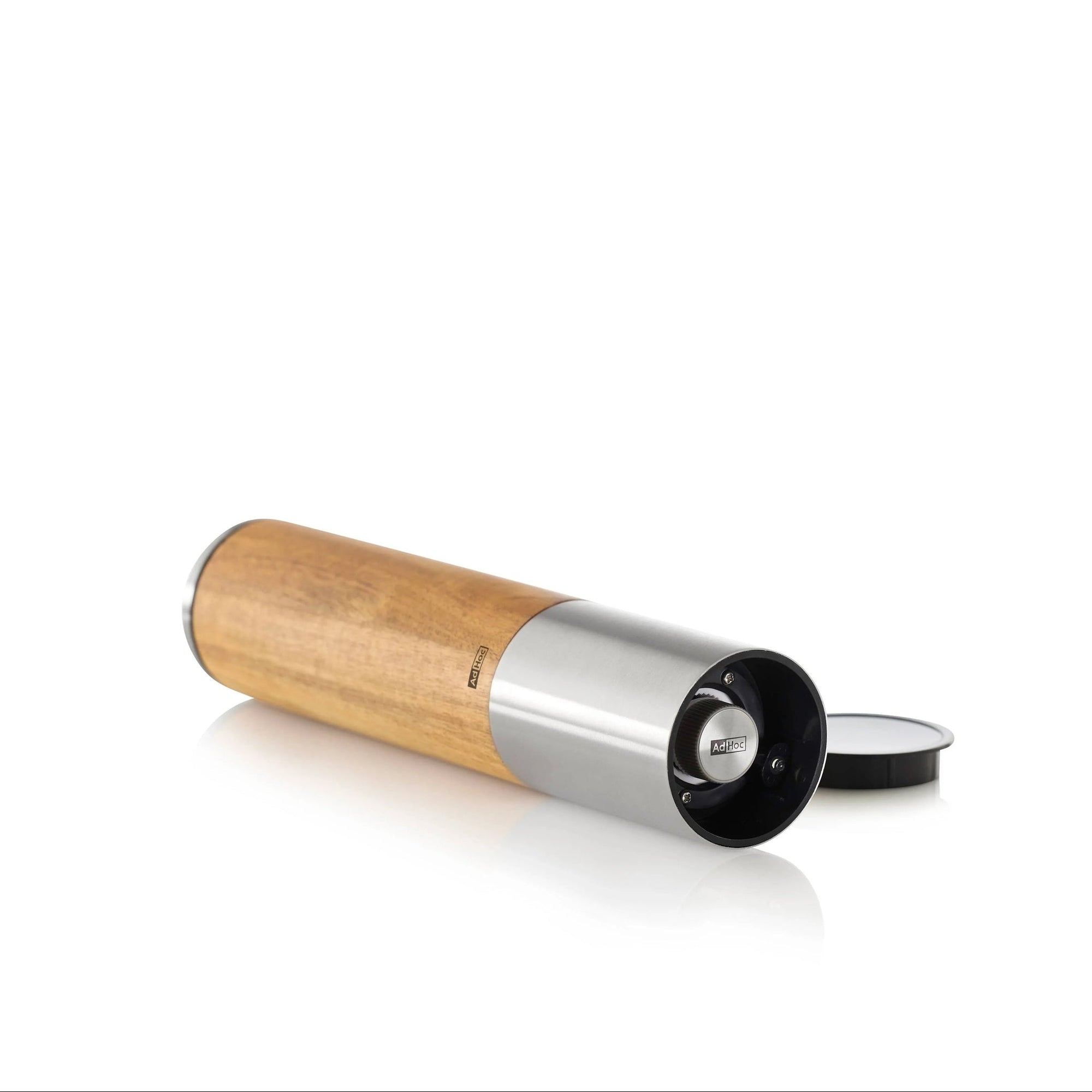 Electric one-handed mill with natural wood and steel, designed for indoor use by DK Household Brands for fresh ground spices.