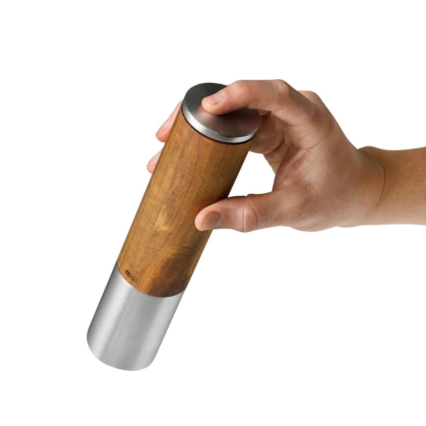 Ergonomic one-handed electric mill with natural wood and steel, ideal for indoor use by DK Household Brands.