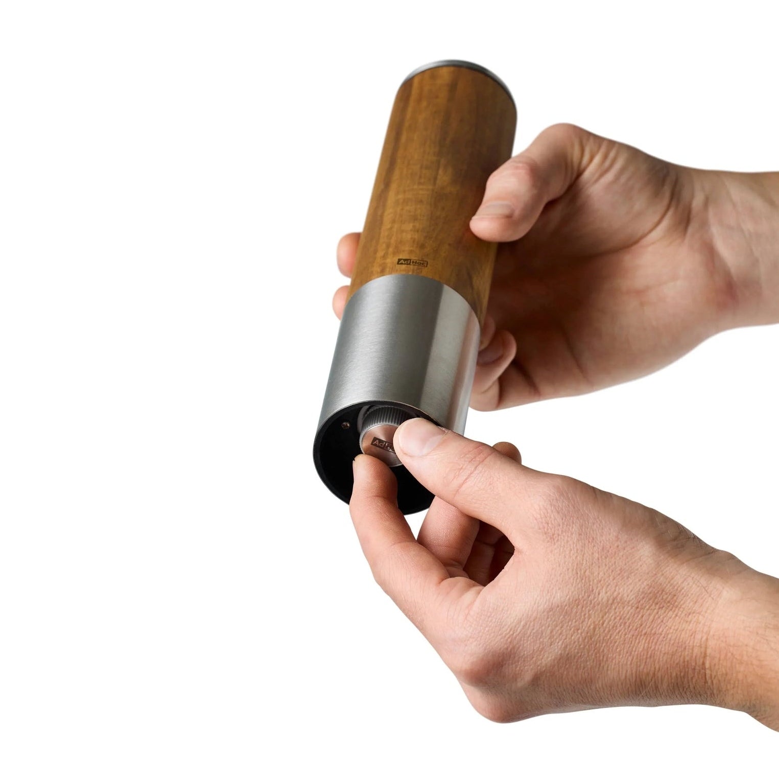 Electric one-handed mill with natural wood and steel design, ideal for indoor use by DK Household Brands.