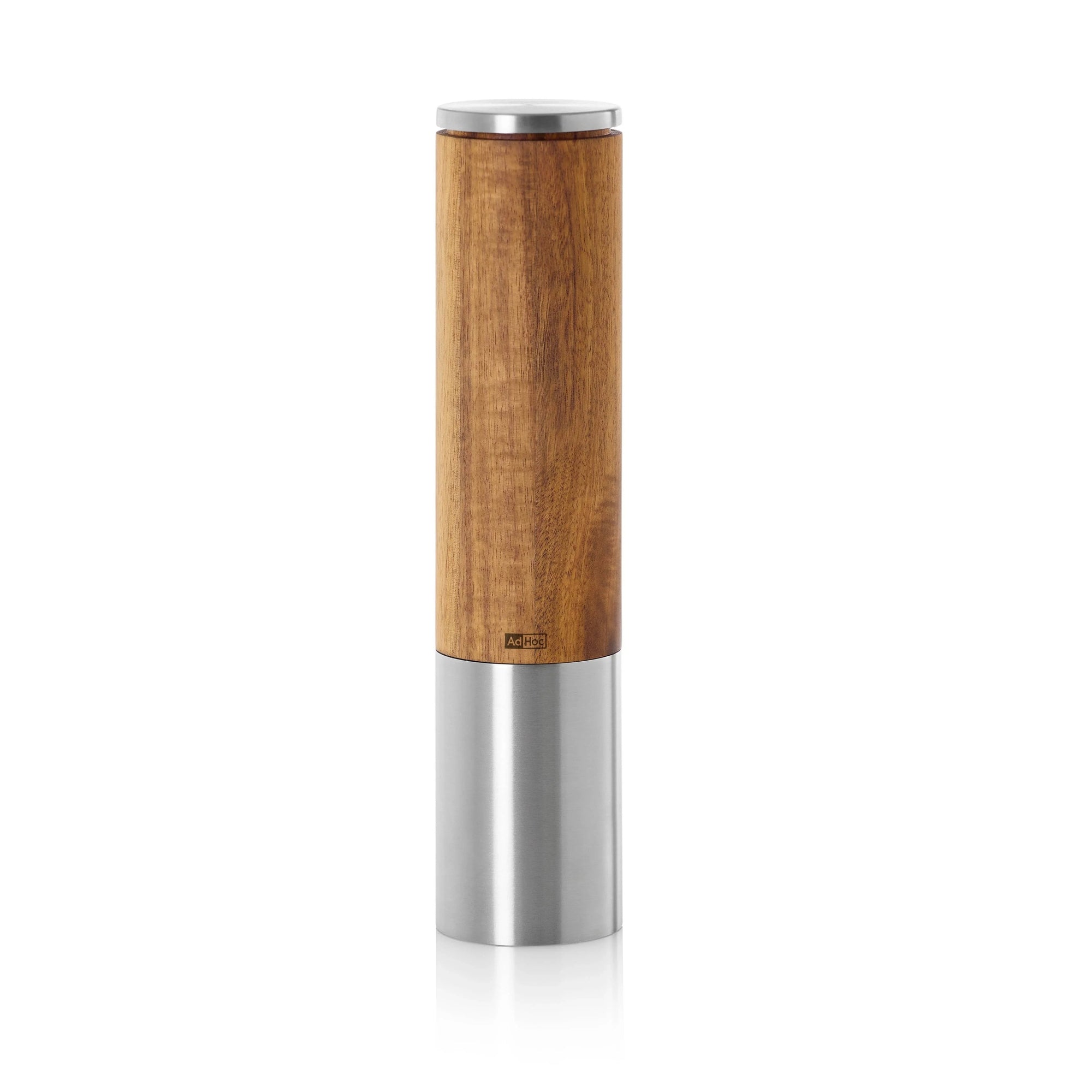Electric one-handed mill with natural wood and steel for indoor use, designed for easy grinding by DK Household Brands.