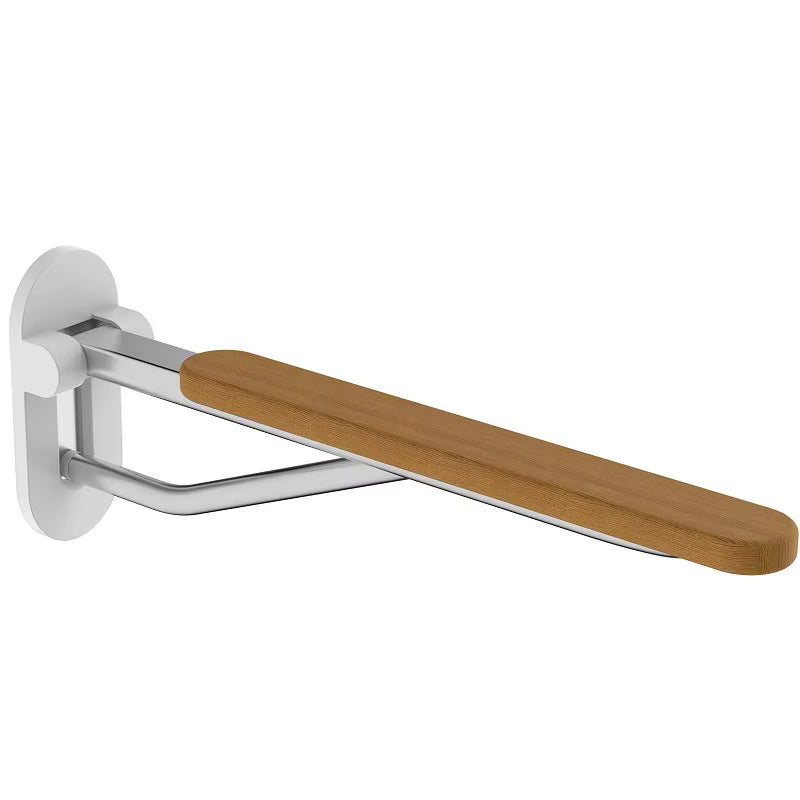 Foldable wooden and satin aluminum toilet grab rail by Luxworth, designed for safety and support in the bathroom.