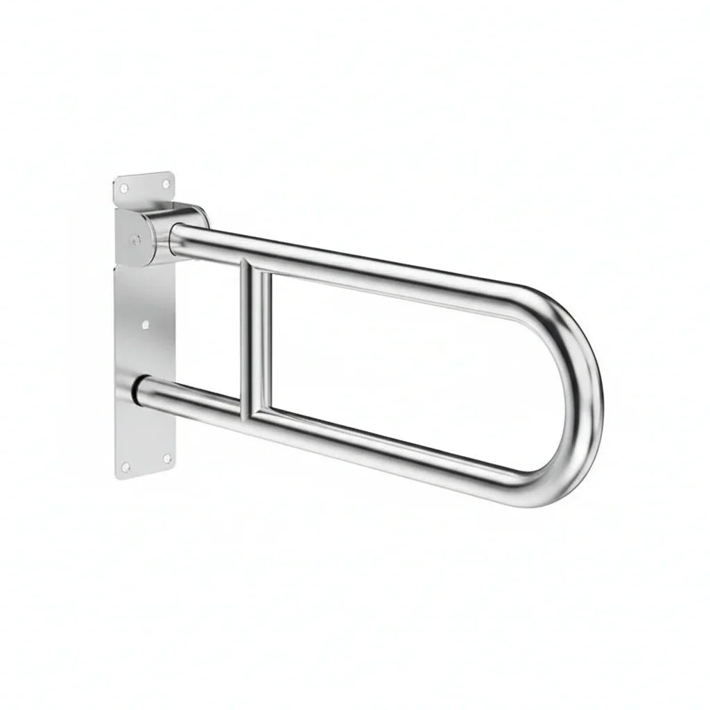 Luxworth folding toilet grab rail with stainless steel and plastic components, designed for secure bathroom support.