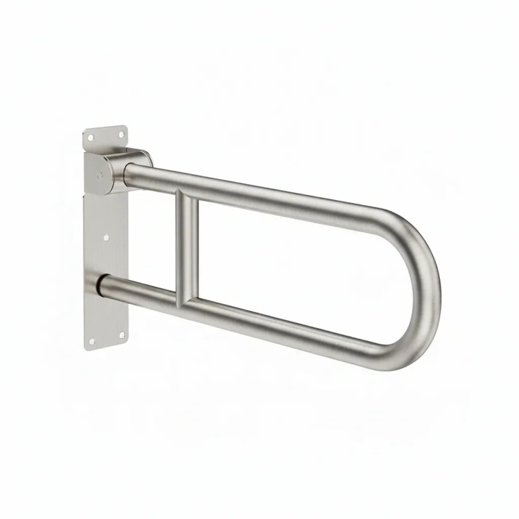 Luxworth folding toilet grab rail attached to bathroom wall, providing support and safety for users with mobility needs.