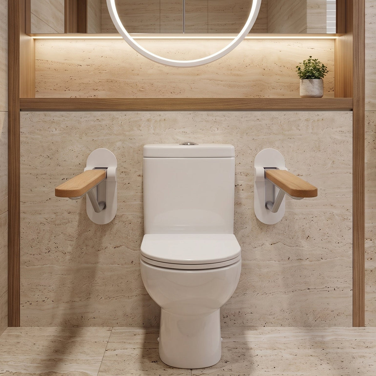 Foldable wooden and satin aluminum toilet grab rail by Luxworth, showing its sturdy design and easy-to-grip features for bathroom safety.