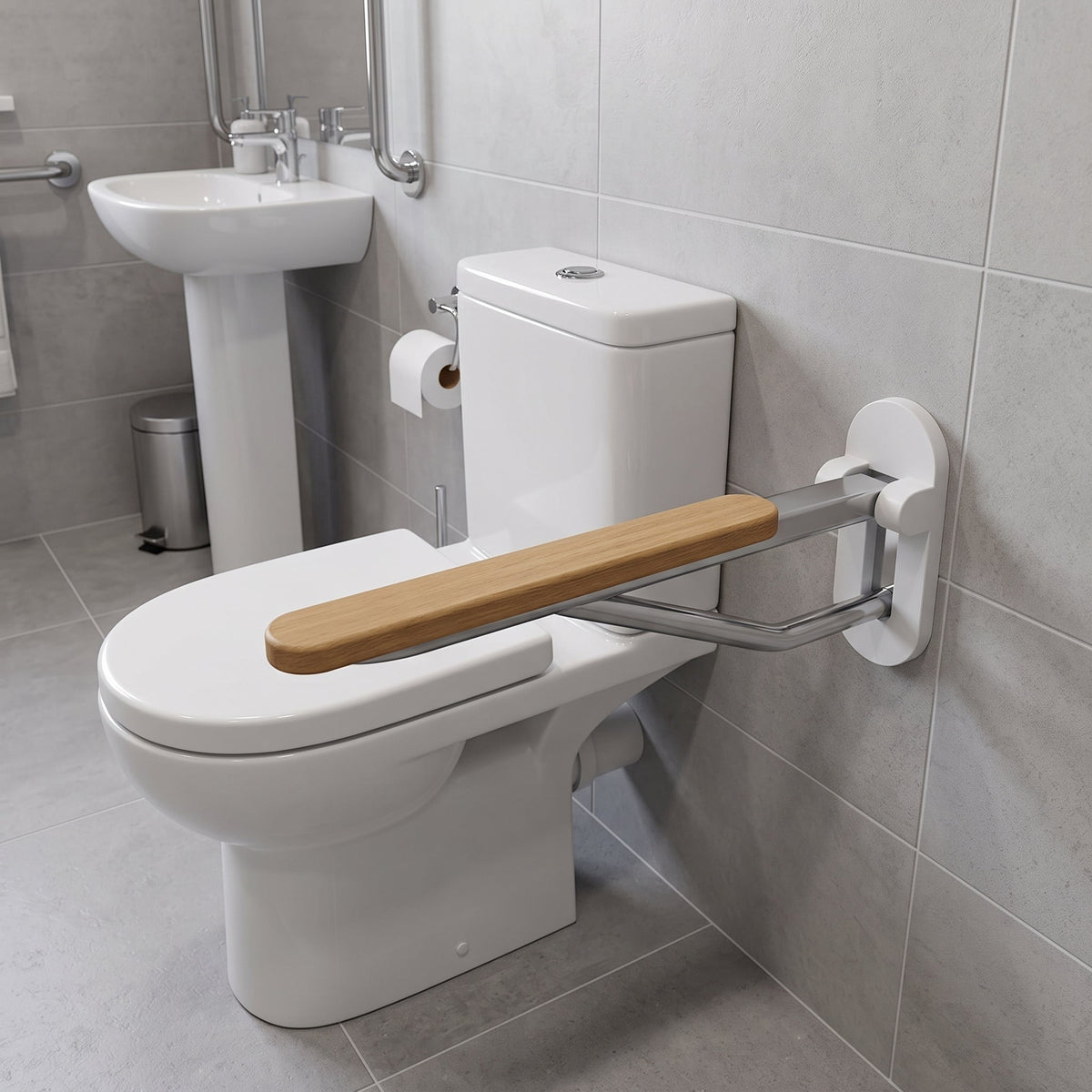 Foldable wooden and satin aluminum toilet grab rail from Luxworth, mounted on a bathroom wall for safety and support.