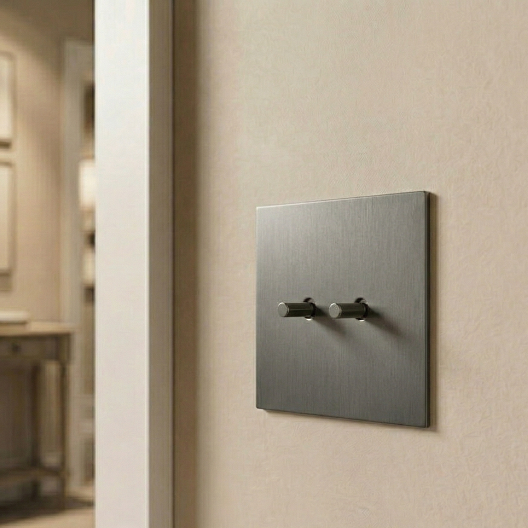 Grey stainless steel Luxworth indoor easy-toggle light switch with a sleek, modern design and secure toggle mechanism.