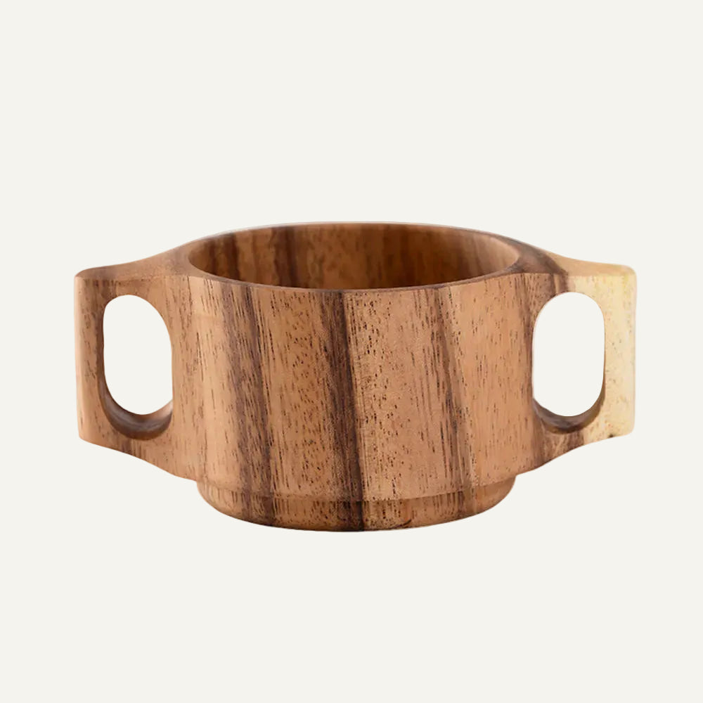 Wooden bowl with handles on a white background