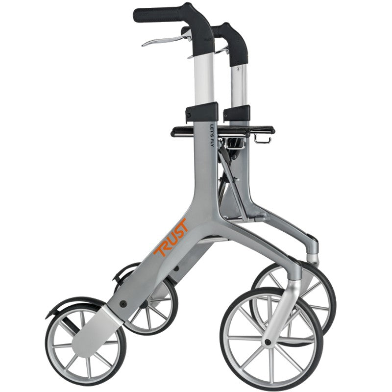 Luxworth Let's Fly luxury rollator by Trust Care, featuring lightweight frame, comfortable seat, and sturdy handlebars for easy mobility.