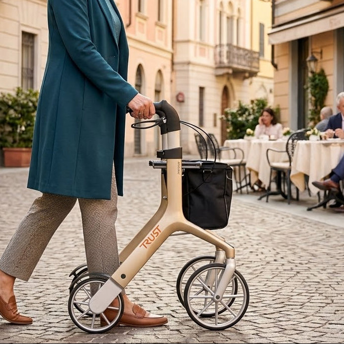 Luxworth Let's Fly luxury rollator by Trust Care with sturdy frame, comfortable seat, and mobility wheels for easy outdoor use.
