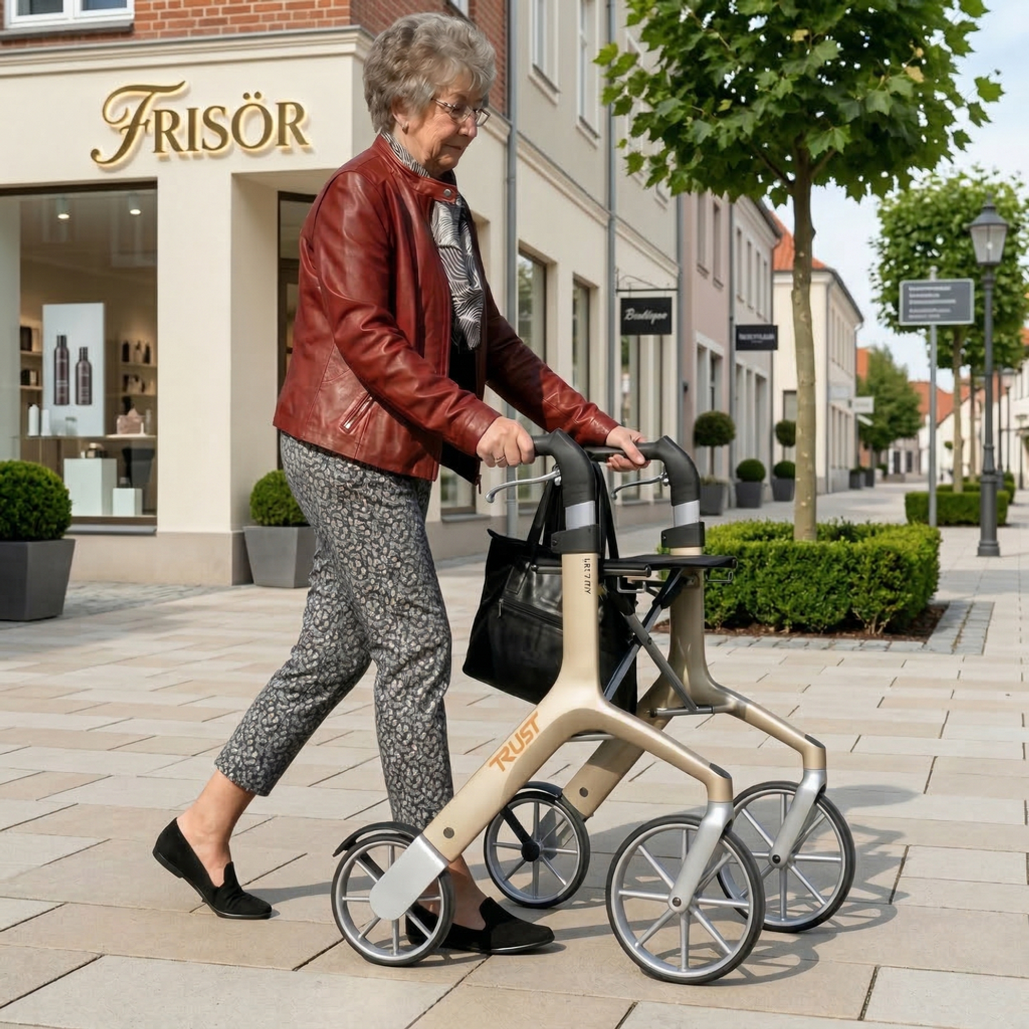 Let's Fly luxury rollator by Trust Care Luxworth with four wheels, adjustable height, and comfortable padded seat.