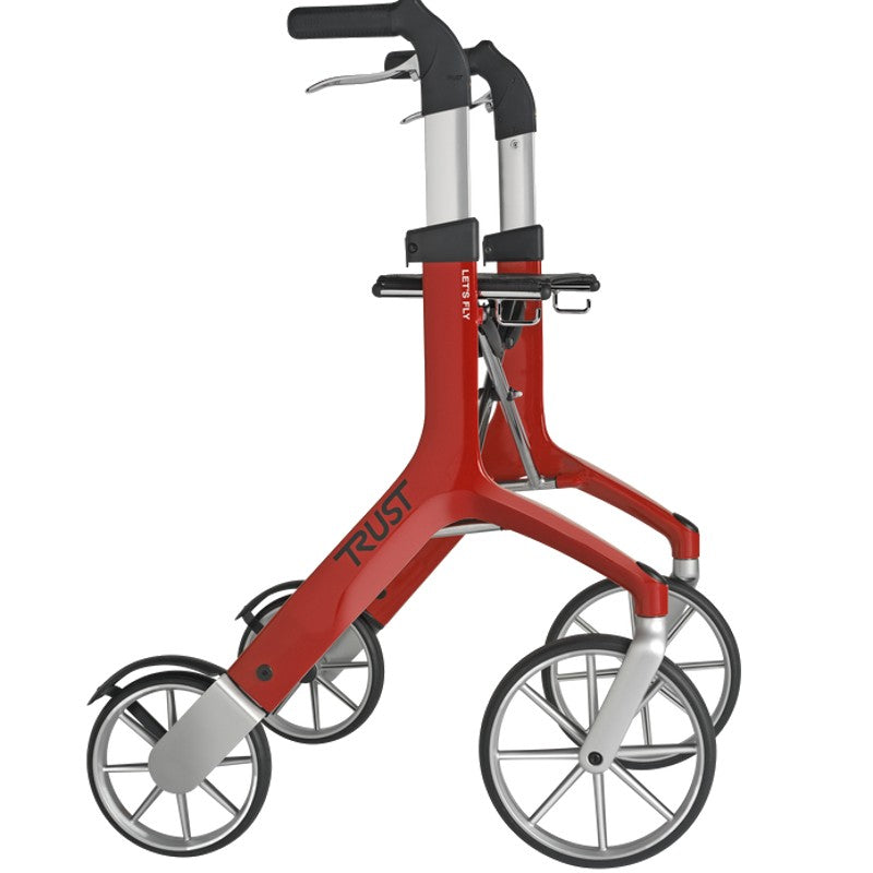 Luxury Let’s Fly rollator by Trust Care in a sleek design with handlebars and four wheels for enhanced mobility.