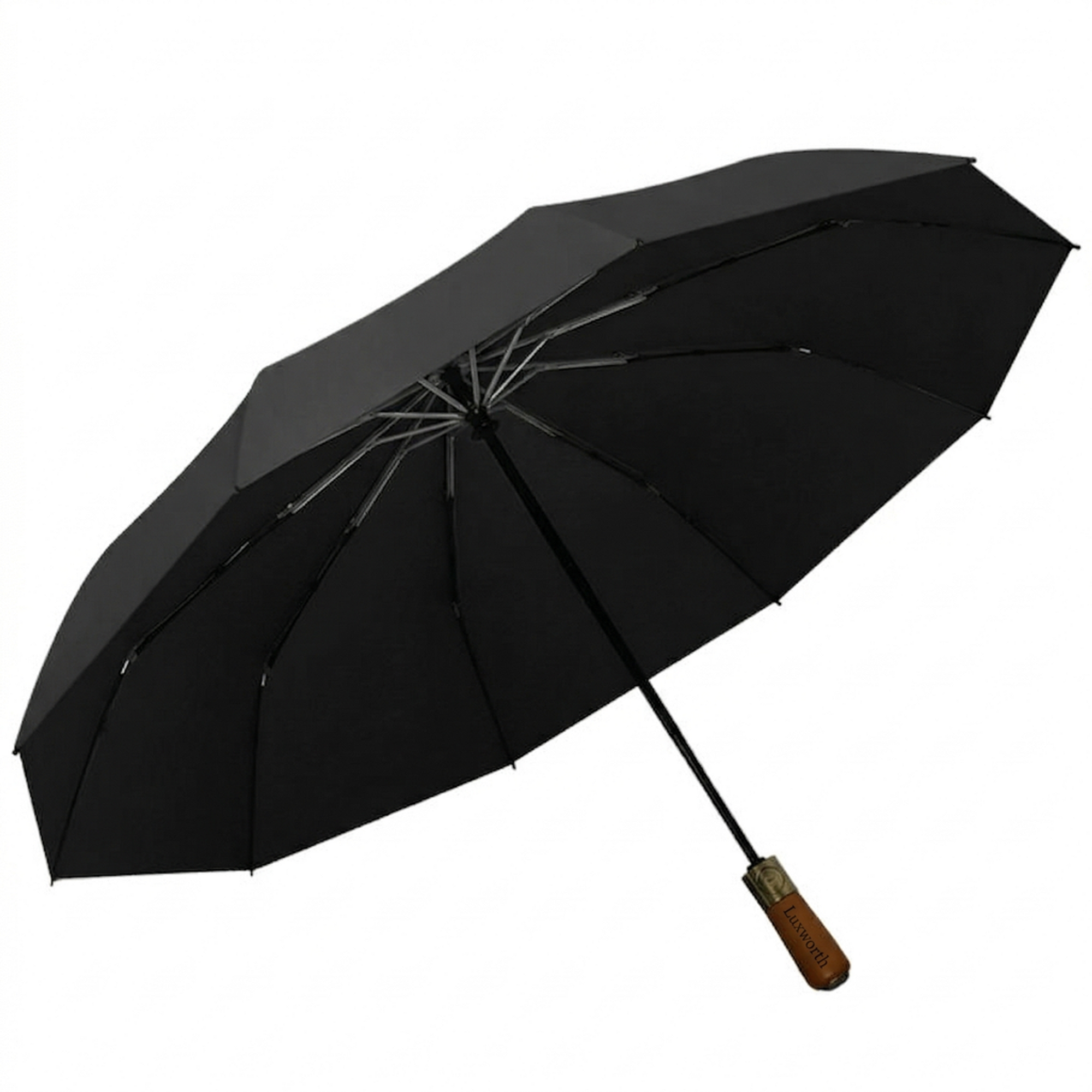 Luxworth compact travel umbrella open, lightweight and portable with a sleek black canopy and sturdy handle.
