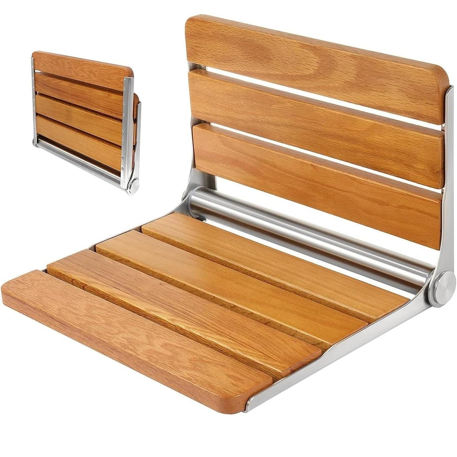 Luxworth oak folding shower seat with wooden finish, foldable design, and sturdy metal frame for bathroom safety and convenience.