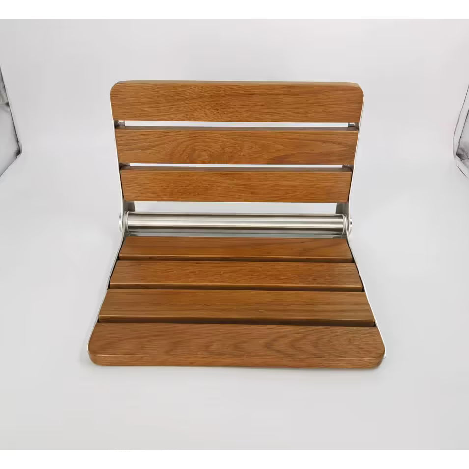 Luxworth oak folding shower seat with wooden seat and metal frame, designed for safe, comfortable bathroom use
