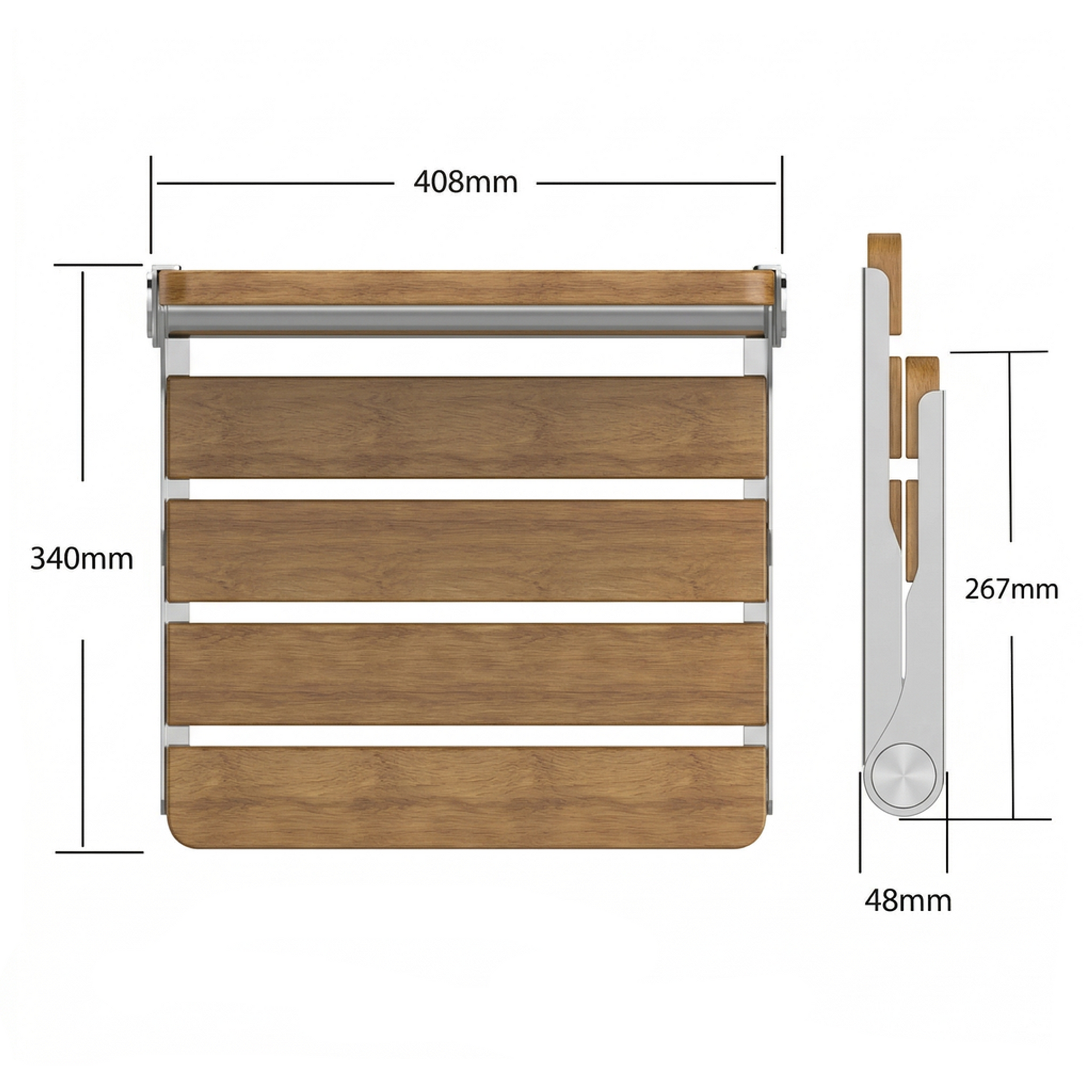 Luxworth oak folding shower seat with wooden finish and metal frame, designed for safe, space-saving bathroom seating.