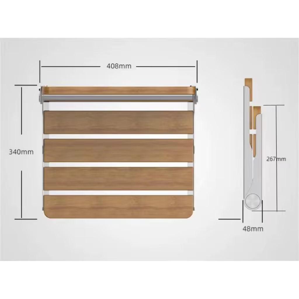 Luxworth oak folding shower seat with wooden finish, featuring a sturdy frame and foldable design for bathroom safety and convenience.