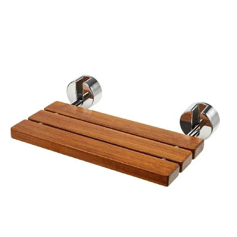 Luxworth teak folding shower seat with wooden slats and metal frame, designed for bathroom safety and comfort