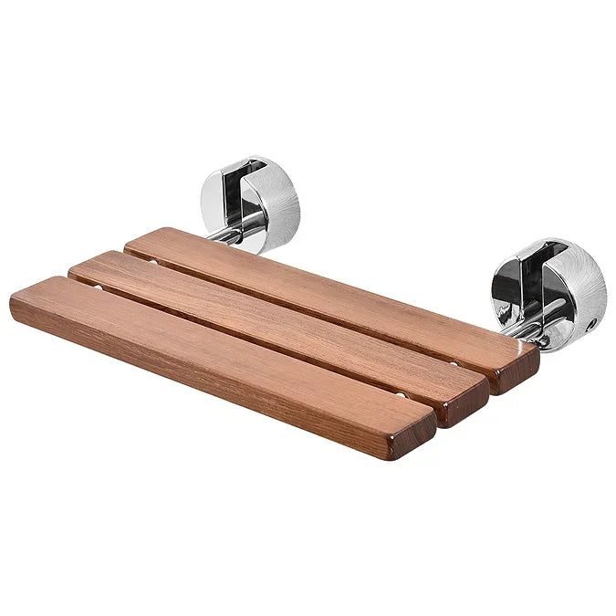 Luxworth teak folding shower seat with sturdy wooden slats and metal frame, designed for comfortable bathroom seating.