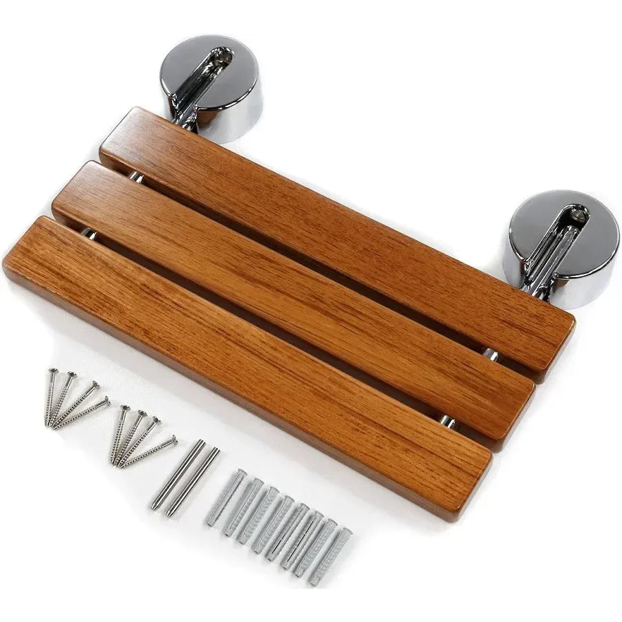 Luxworth teak folding shower seat with sturdy frame and natural wood finish, designed for comfortable bathroom seating.