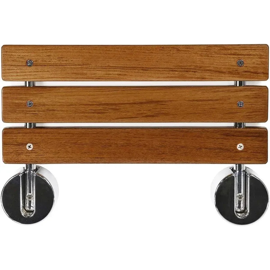 Luxworth teak folding shower seat with sturdy frame and wooden seat for comfortable bathroom use
