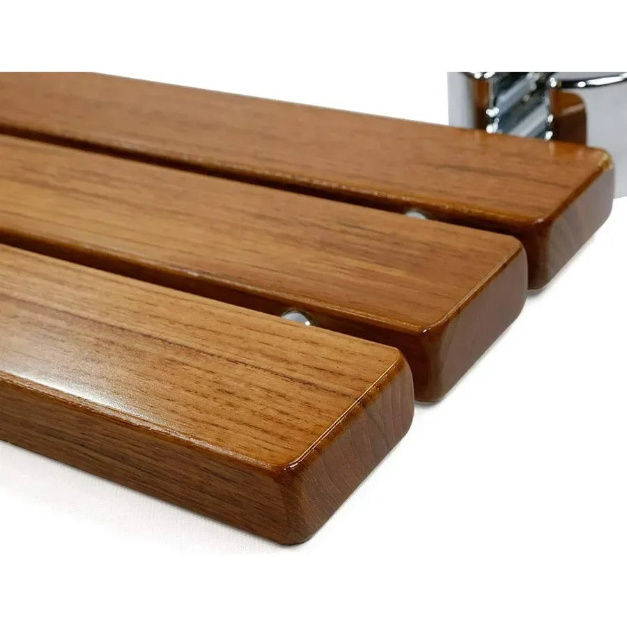 Luxworth teak folding shower seat with adjustable legs, lightweight design, and teak wood surface for comfortable bathroom use.