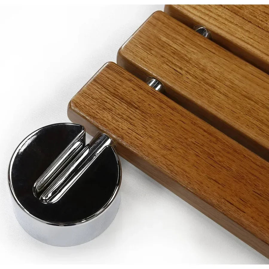 Luxworth teak folding shower seat with sturdy frame and teak wood seat, ideal for bathroom safety and comfort.