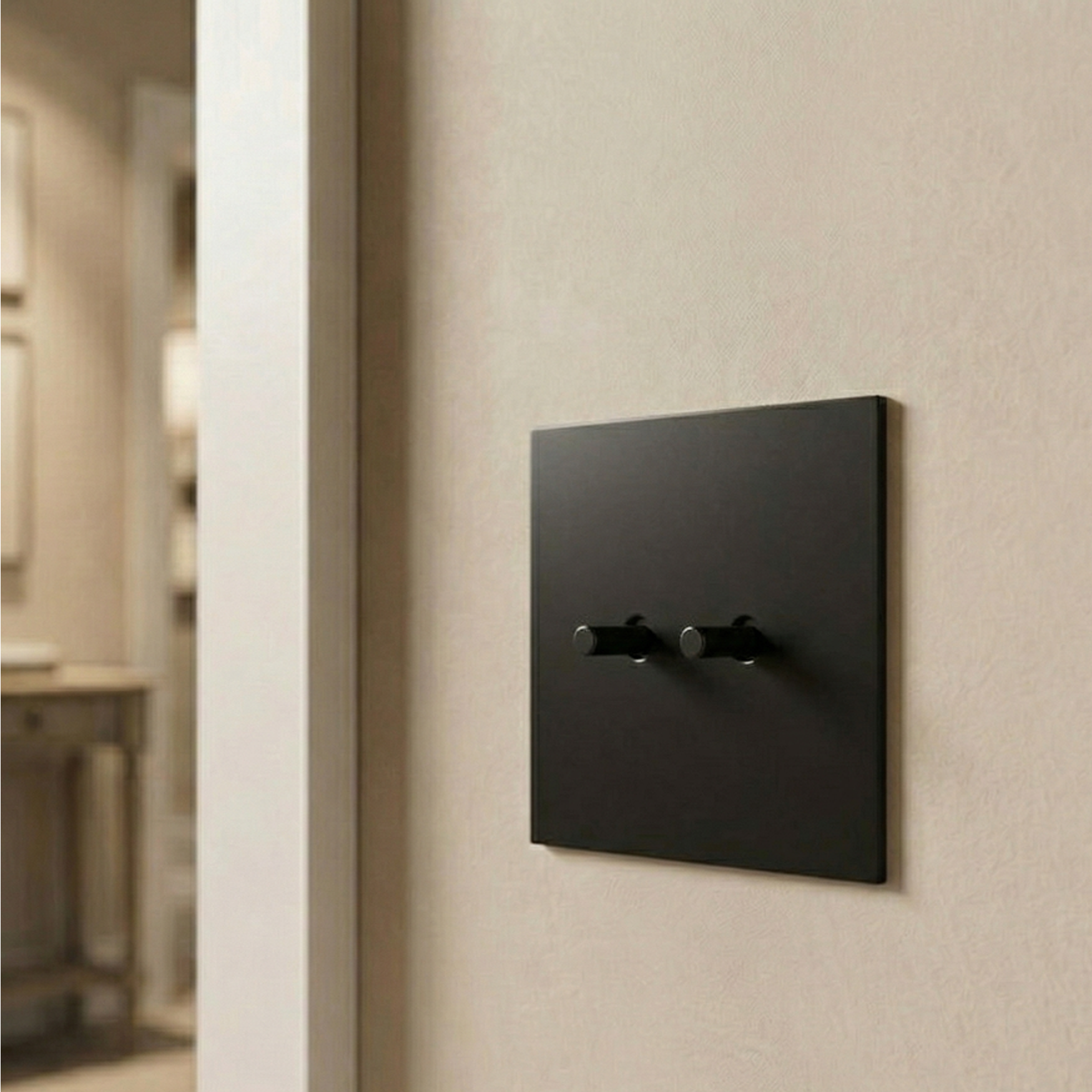 Matte black stainless steel Luxworth indoor easy-toggle light switch mounted on wall with toggle lever.