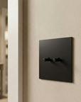 Matte black stainless steel Luxworth indoor easy-toggle light switch mounted on wall with toggle lever.