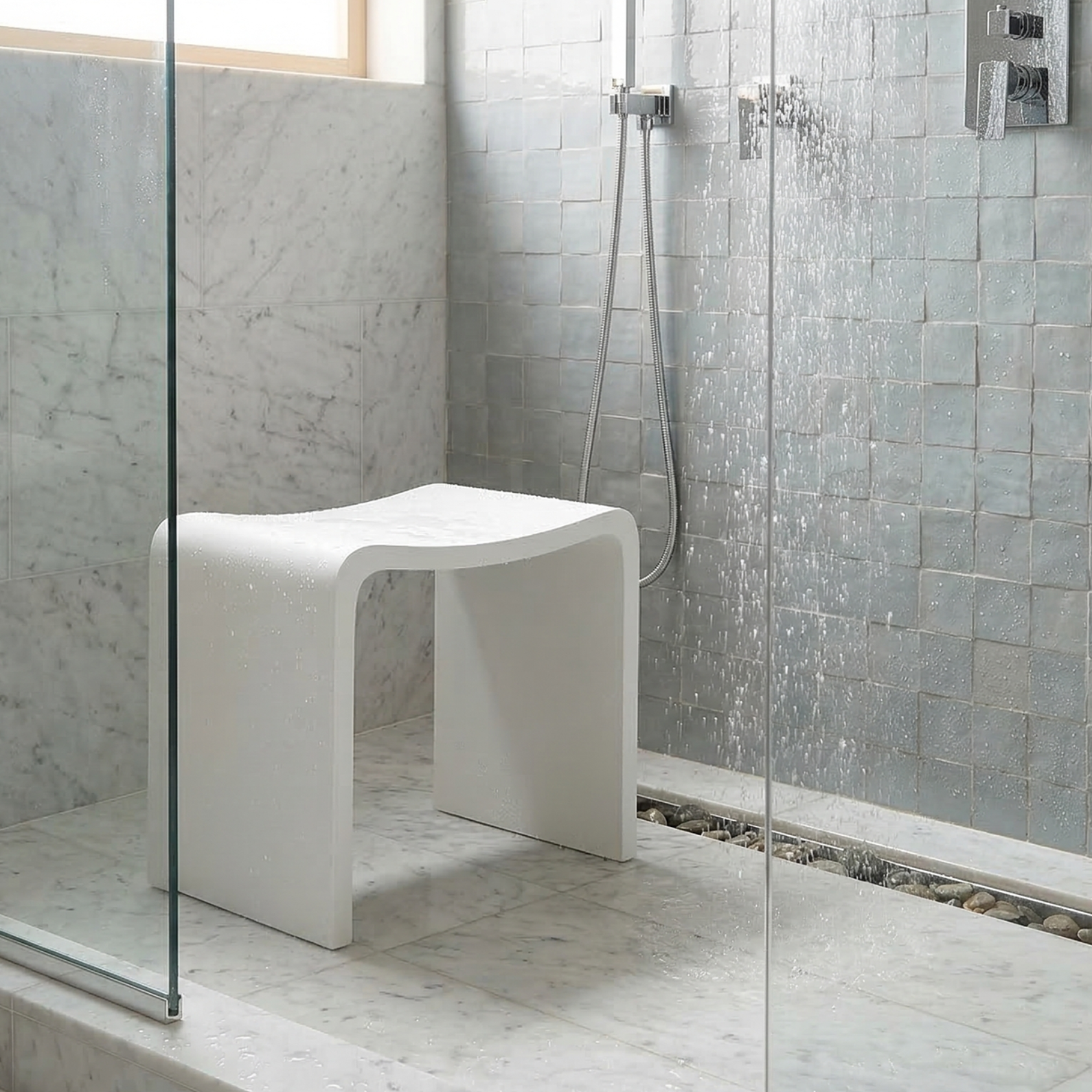 Luxworth minimalist stone shower seat with solid surface design, ideal for bathroom use and modern shower spaces.