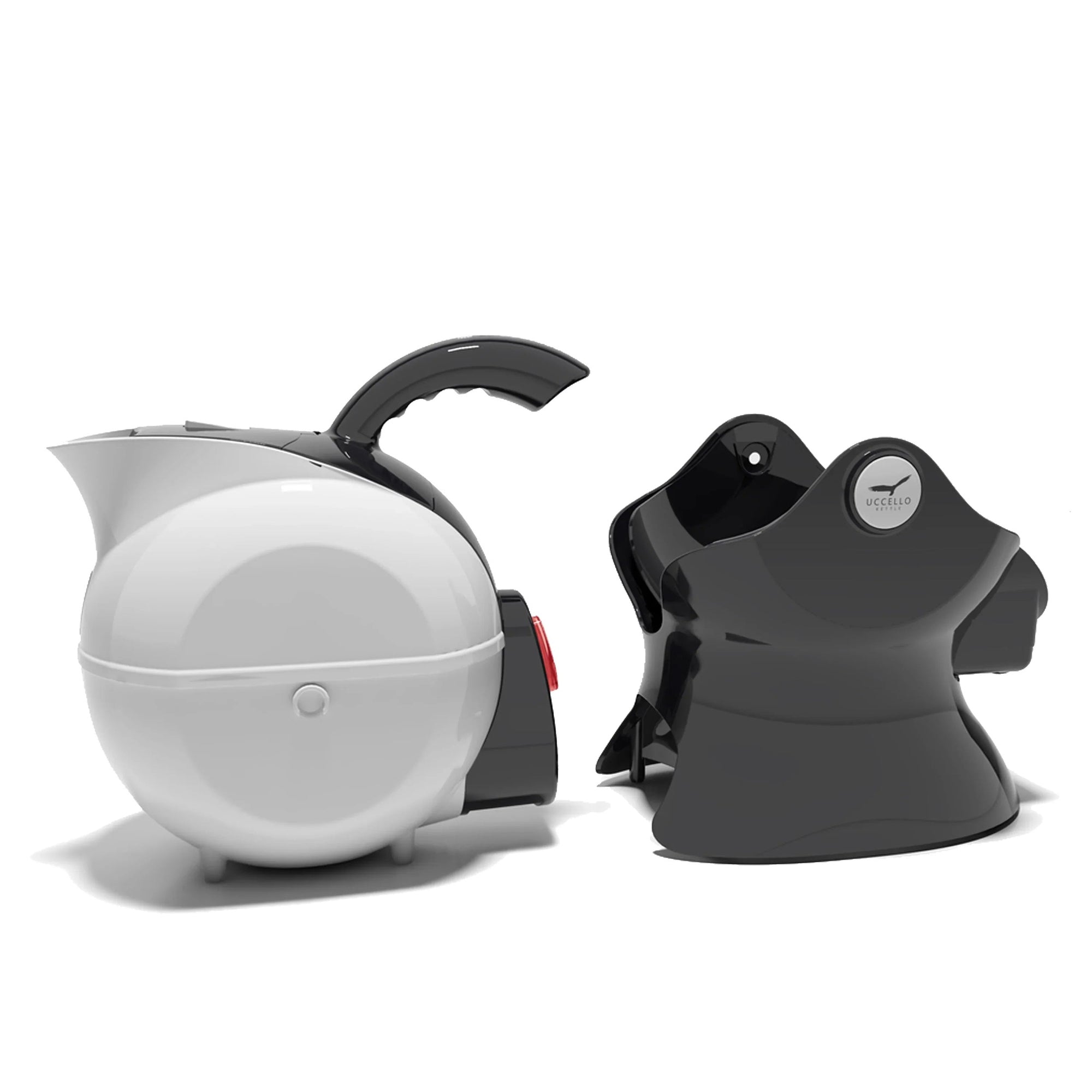 Luxworth Uccello Tipping Kettle, a stylish dining aid with a unique design, shown with a polished metal finish.