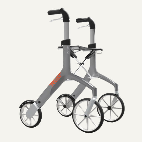 Gray rollator with black handles on a white background
