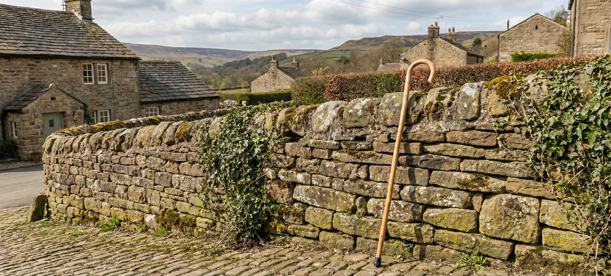 Cane leaning against a stone wall with a village in the background